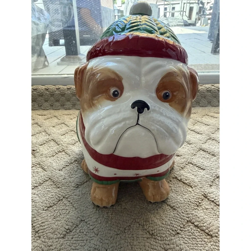 SLEIGHBELL BISTRO Christmas Santa Pug Bulldog Ceramic Cookie Jar